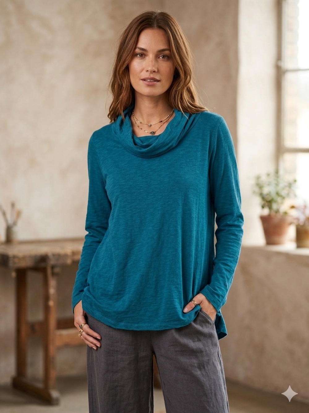 cut loose Teal Long-Sleeve Draped Neck Top